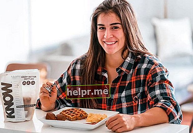 Lauren Fisher comiendo muffins y waffles como desayuno en noviembre de 2018