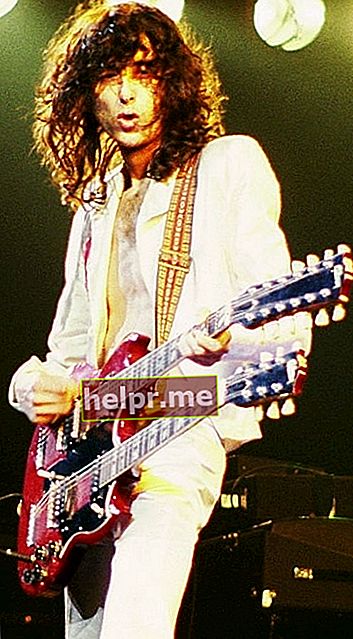 Jimmy Page como se ve mientras actuaba con Led Zeppelin en un concierto en Chicago, Illinois en 1977