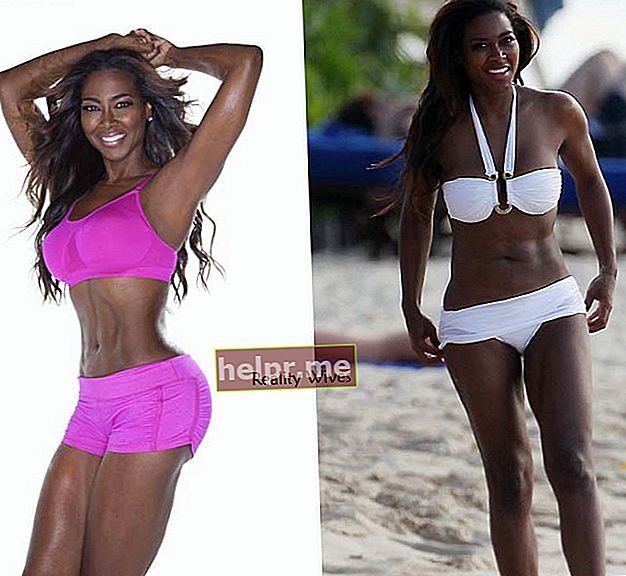 A l'esquerra: la foto de portada de Kenya Moore per al DVD Booty Bootcamp publicat el març de 2013. A la dreta: la foto del bikini de Kenya es va fer clic a una platja de Barbados el desembre de 2012