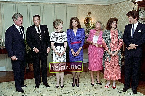 S lijeva - Ted Kennedy, Ronald Reagan, Nancy Reagan, Jacqueline Kennedy Onassis, Ethel Kennedy, Caroline Kennedy i John F. Kennedy Jr. na prijemu u Zakladu knjižnice John F. Kennedy 1985. godine