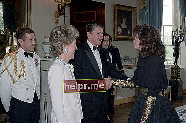Jaclyn Smith saludando al presidente Ronald Reagan y a la primera dama Nancy Reagan en una recepción para los principales contribuyentes y animadores de la Gala del Festival de Teatro Ford de 1986 en The Blue Room en junio de 1986