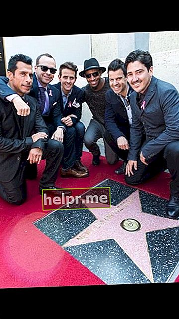 A banda NKOTB de Joey posando com Rob Lewis enquanto recebia uma estrela na Calçada da Fama de Hollywood em 2014