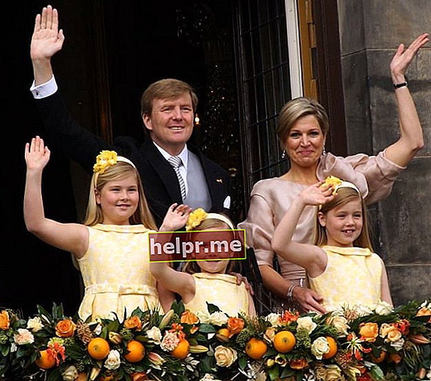 Koning Willem-Alexander, koningin Maxima en prinsessen Catharina-Amalia, Alexia en Ariane afgebeeld tijdens de balkonscène na de troonsafstand van Beatrix in mei 2013